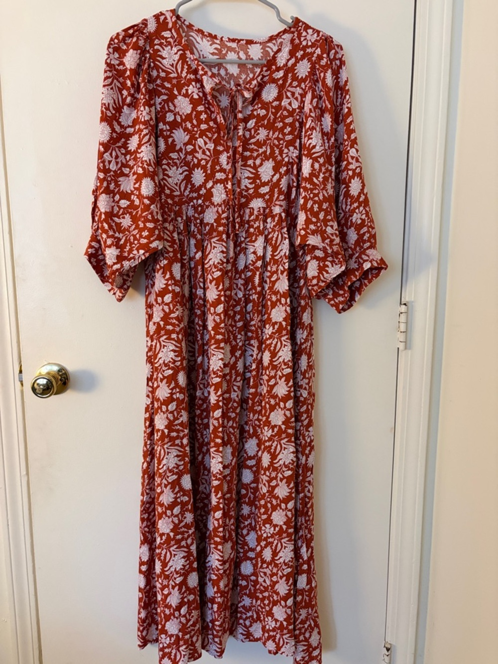 Rust Floral Maxi Dress with White Print